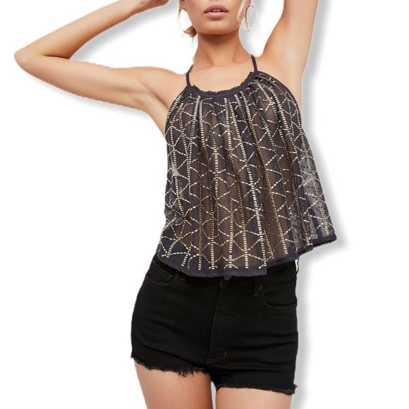 Free People Atlantis Metallic Embellished Grey Swing Crop Tank Size XS - Picture 1 of 16